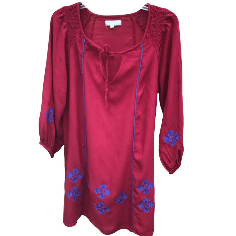 World Market Embroidered 3/4 Sleeve Tunic Top Red Womens Small